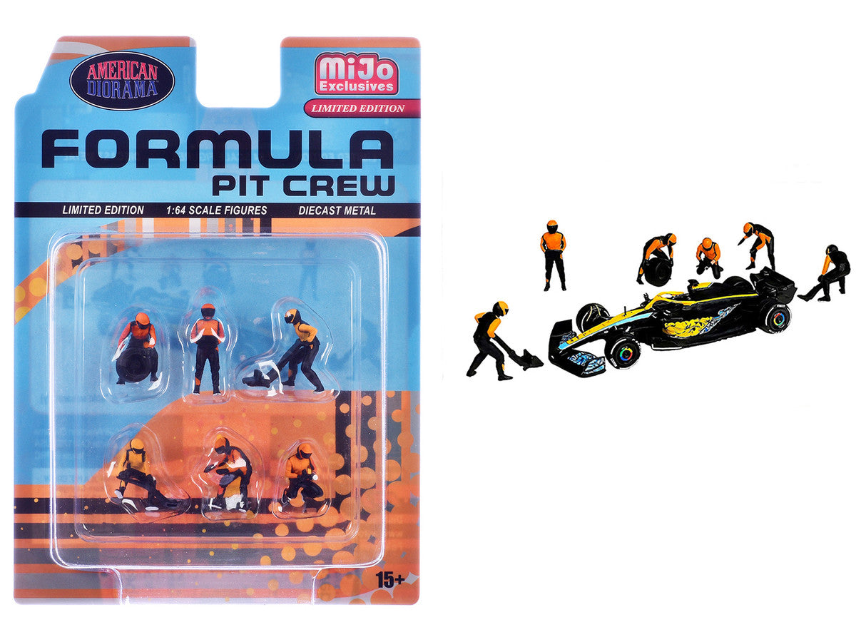 "Formula Pit Crew – Team Orange" 6 piece Diecast Figure Set (6 Figures) Limited Edition for 1/64 Scale Models by American Diorama LuxuryLifeWay Online Store
