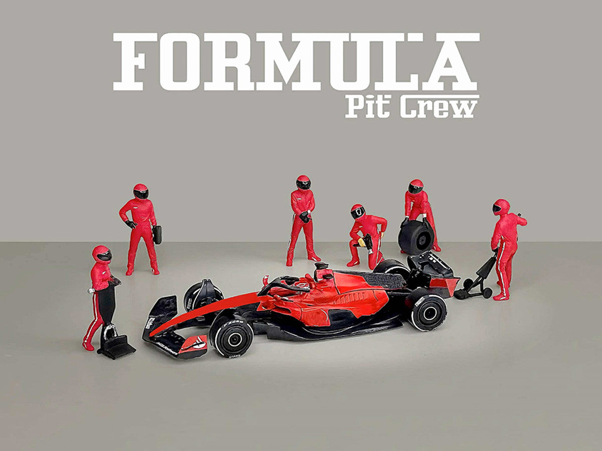 "Formula Pit Crew – Team Red" 6 piece Diecast Figure Set (6 Figures) Limited Edition for 1/64 Scale Models by American Diorama LuxuryLifeWay Online Store