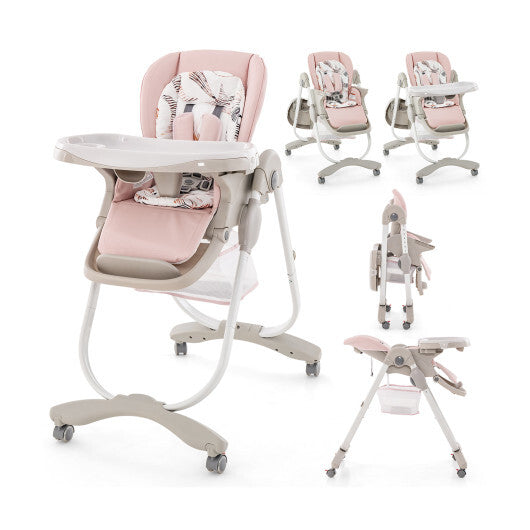 Multifunctional Folding Baby High Chair with Rolling Wheels and Adjustable Height-Pink LuxuryLifeWay Online Store