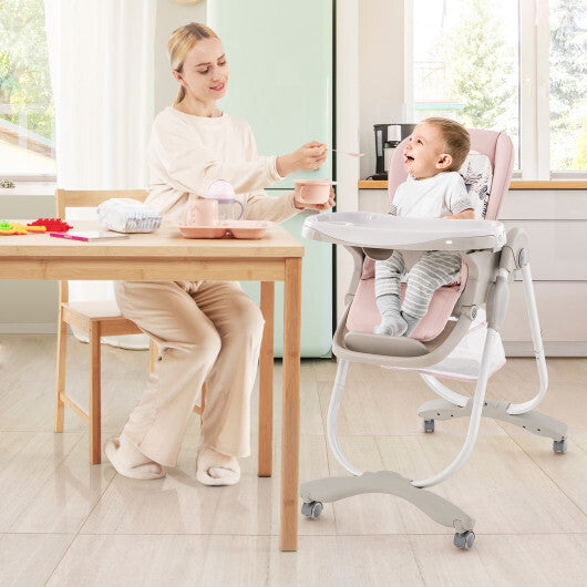 Multifunctional Folding Baby High Chair with Rolling Wheels and Adjustable Height-Pink LuxuryLifeWay Online Store