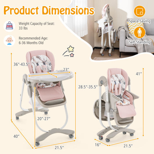 Multifunctional Folding Baby High Chair with Rolling Wheels and Adjustable Height-Pink LuxuryLifeWay Online Store