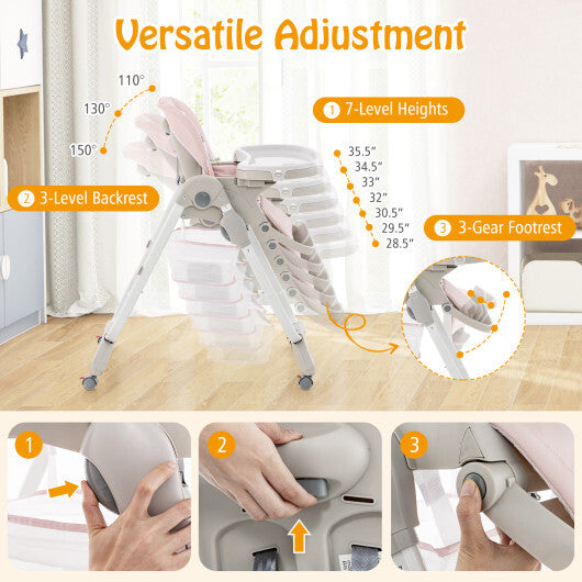 Multifunctional Folding Baby High Chair with Rolling Wheels and Adjustable Height-Pink LuxuryLifeWay Online Store