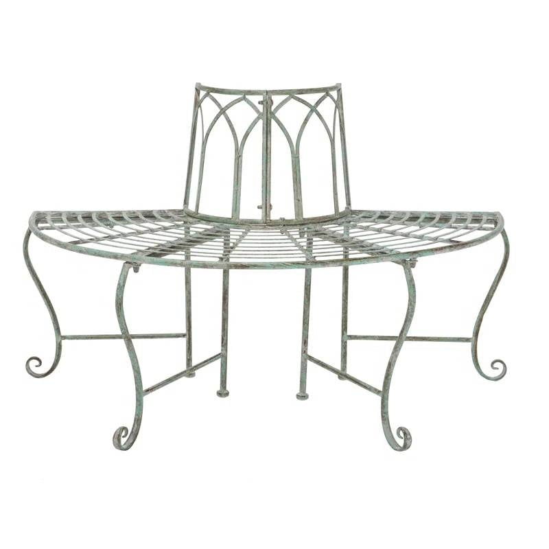 Half-Circle Outdoor Patio Garden Wrought Iron Tree Bench in Antique Green LuxuryLifeWay Online Store