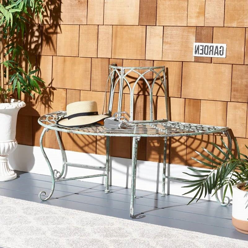 Half-Circle Outdoor Patio Garden Wrought Iron Tree Bench in Antique Green LuxuryLifeWay Online Store