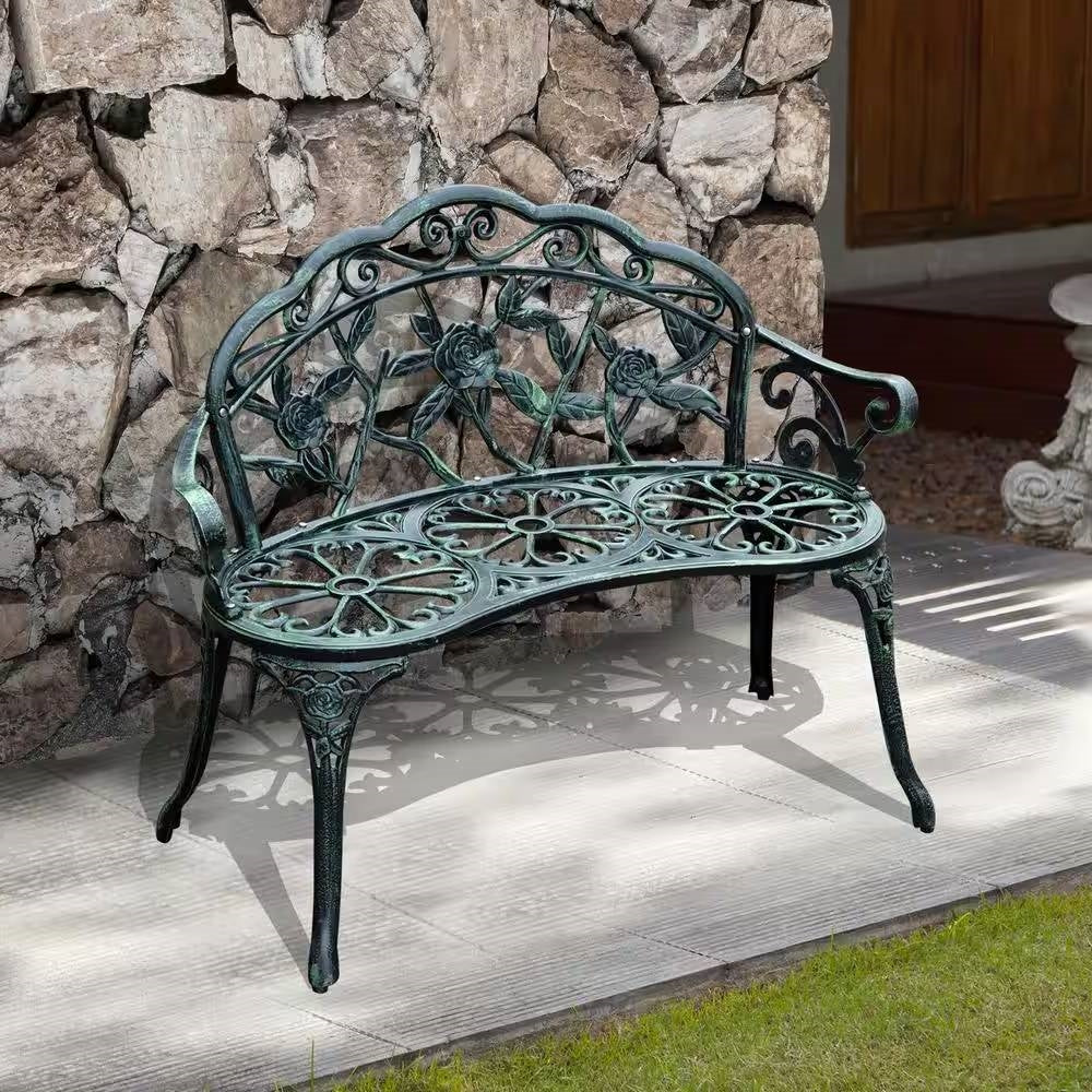 Outdoor Patio 40-inch Garden Bench with Backrest in Antique Green Metal Finish LuxuryLifeWay Online Store