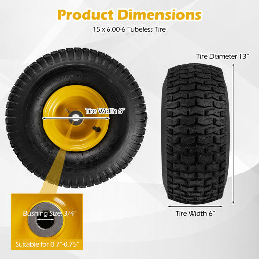 15 x 6.00-6 Tubeless Tires and Wheels 2 Pack 4 PR Tires-Yellow LuxuryLifeWay Online Store