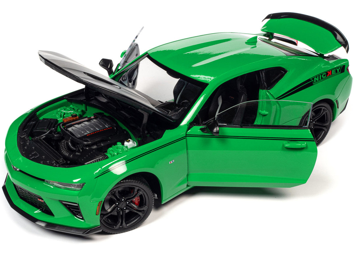 2017 Chevrolet Nickey Camaro SS 1LE Krypton Green with Matt Black Hood and Black Stripes 1/18 Diecast Model Car by Auto World LuxuryLifeWay Online Store