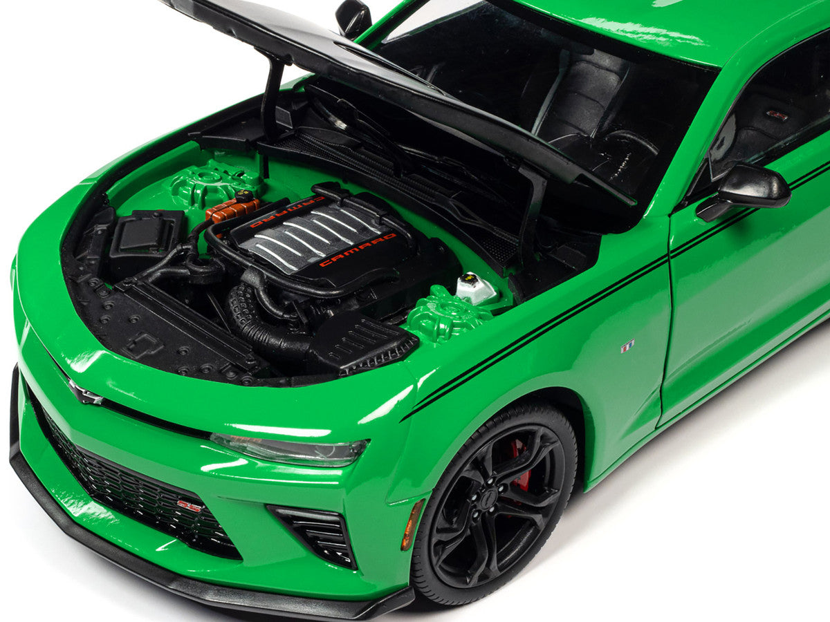 2017 Chevrolet Nickey Camaro SS 1LE Krypton Green with Matt Black Hood and Black Stripes 1/18 Diecast Model Car by Auto World LuxuryLifeWay Online Store