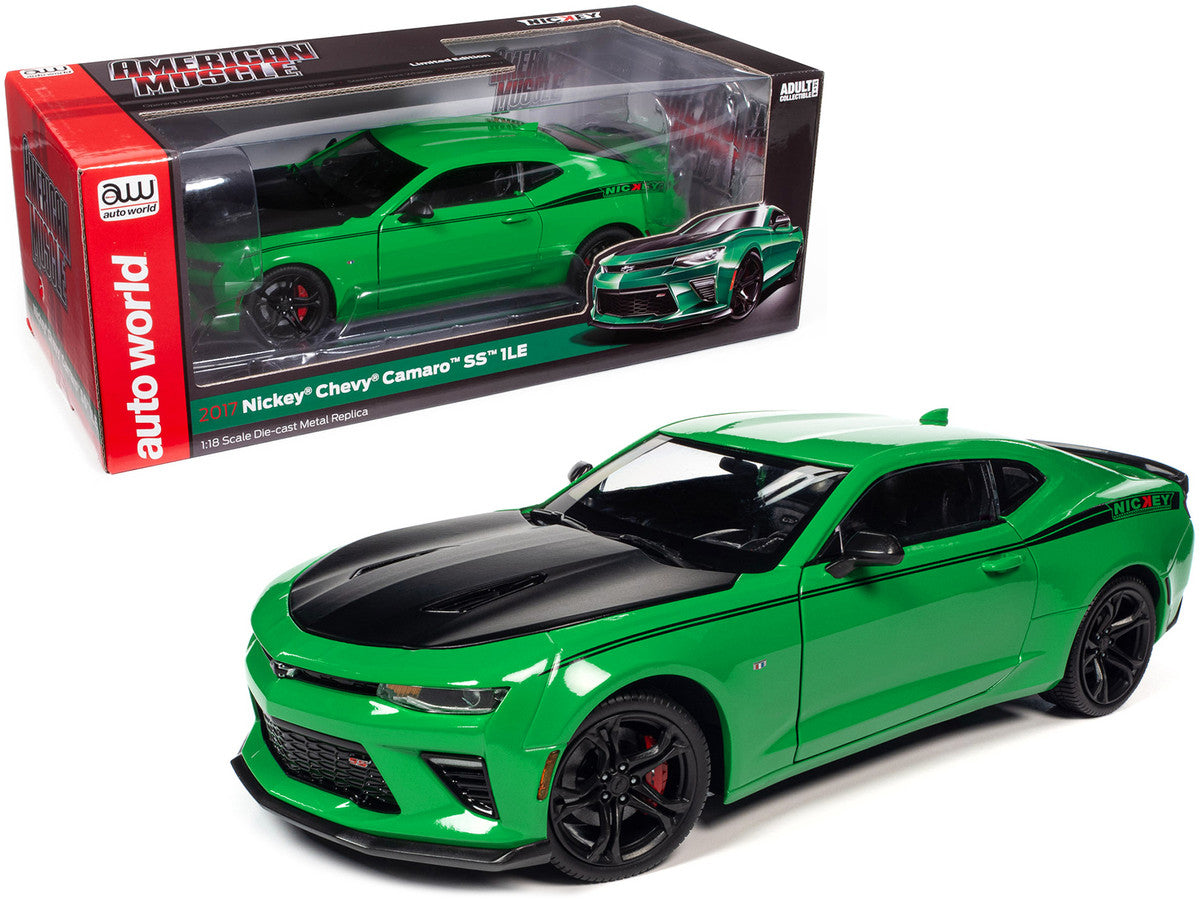 2017 Chevrolet Nickey Camaro SS 1LE Krypton Green with Matt Black Hood and Black Stripes 1/18 Diecast Model Car by Auto World LuxuryLifeWay Online Store