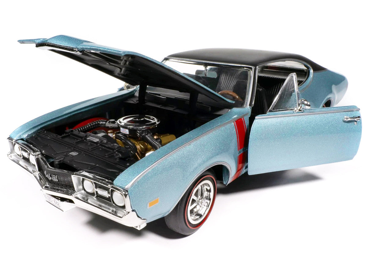 1968 Oldsmobile 442 W30 Holiday Coupe Teal Frost Metallic with Red Stripes and Black Vinyl Top "Hemmings Motor News July 2023 Cover Car" "American Muscle" Series 1/18 Diecast Model Car by Auto World LuxuryLifeWay Online Store