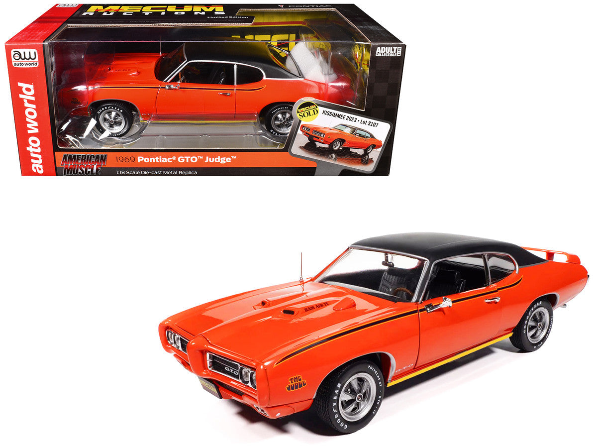 1969 Pontiac GTO Judge Carousel Red with Black Stripes and Black Vinyl Top "Mecum Auctions" "American Muscle" Series 1/18 Diecast Model Car by Auto World LuxuryLifeWay Online Store