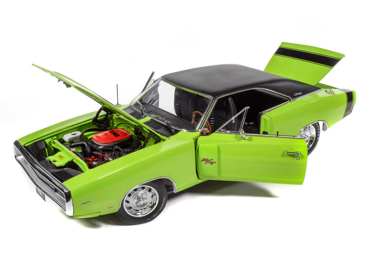 1970 Dodge Charger R/T "Muscle Car & Corvette Nationals" (MCACN) Sublime Green with Black Stripes and Black Vinyl Top "American Muscle" Series 1/18 Diecast Model Car by Auto World LuxuryLifeWay Online Store