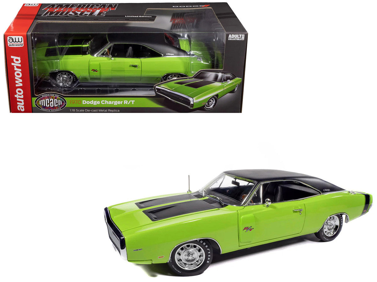 1970 Dodge Charger R/T "Muscle Car & Corvette Nationals" (MCACN) Sublime Green with Black Stripes and Black Vinyl Top "American Muscle" Series 1/18 Diecast Model Car by Auto World LuxuryLifeWay Online Store