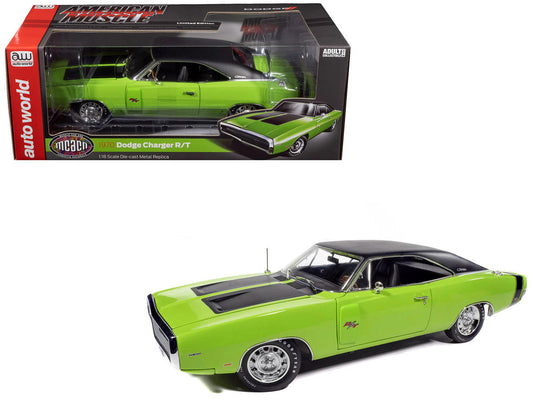 1970 Dodge Charger R/T "Muscle Car & Corvette Nationals" (MCACN) Sublime Green with Black Stripes and Black Vinyl Top "American Muscle" Series 1/18 Diecast Model Car by Auto World LuxuryLifeWay Online Store