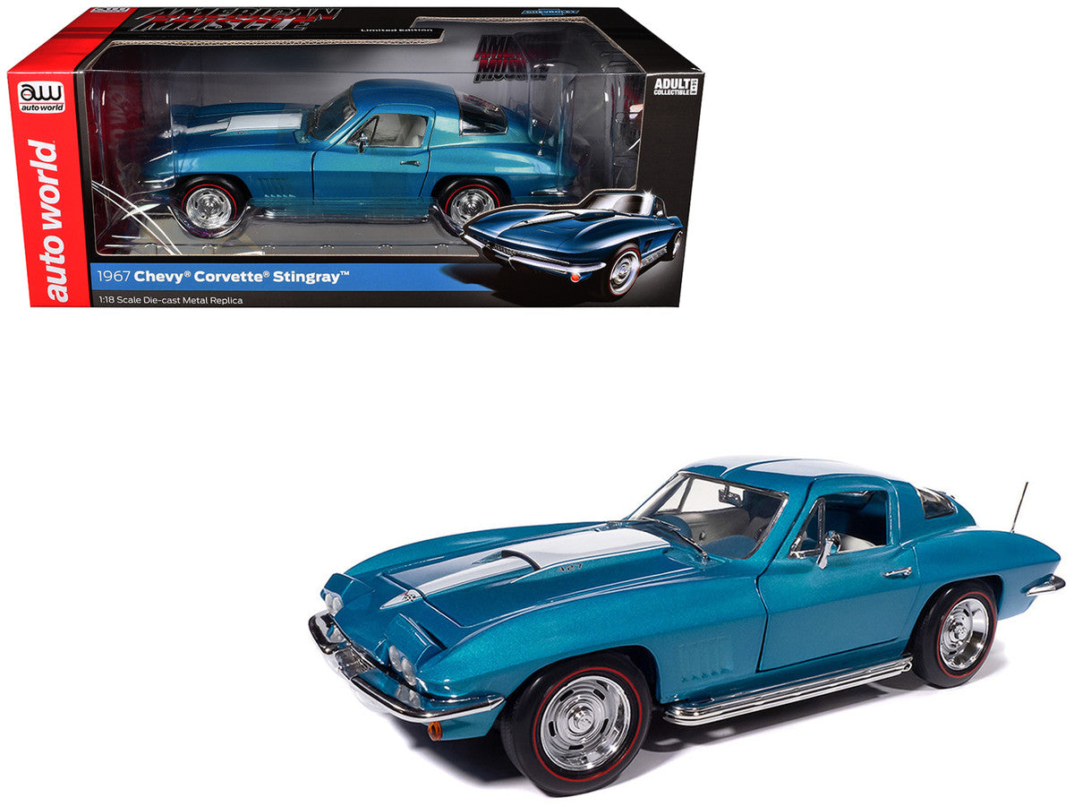 1967 Chevrolet Corvette Stingray Light Blue Metallic with White Hood Stripe "American Muscle" Series 1/18 Diecast Model Car by Auto World LuxuryLifeWay Online Store