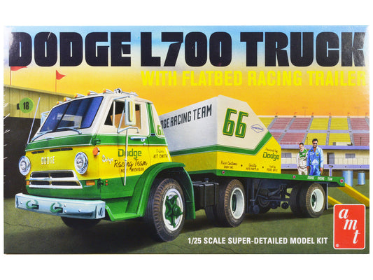 Skill 3 Model Kit 1966 Dodge L700 Truck with Flatbed Racing Trailer 1/25 Scale Model by AMT LuxuryLifeWay Online Store