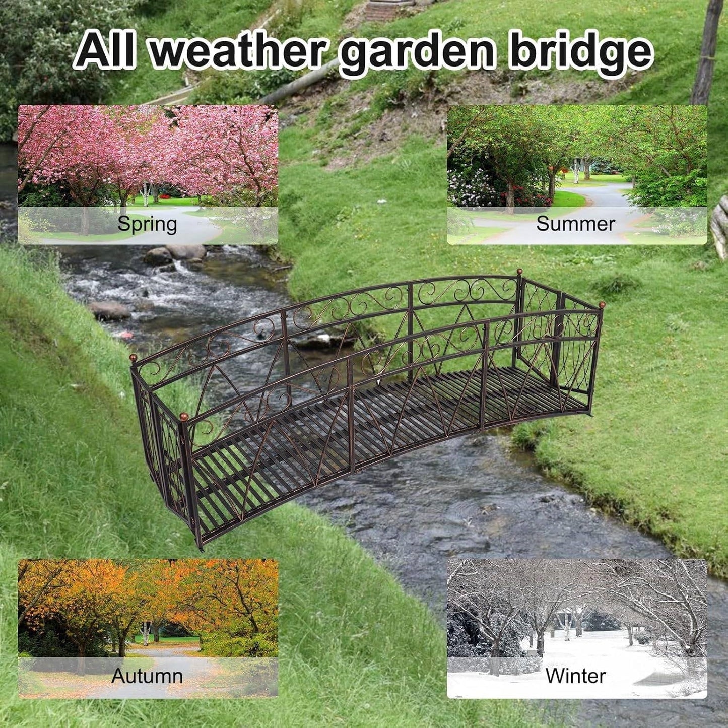 Outdoor Black Metal Arch 8-ft Garden Bridge with Safety Side Rails LuxuryLifeWay Online Store