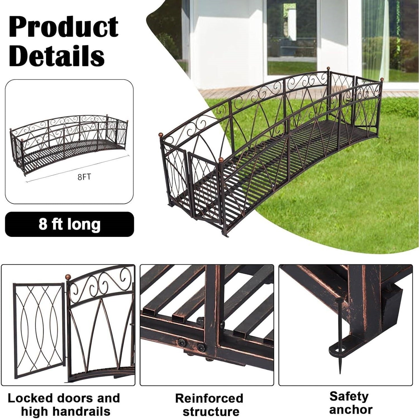 Outdoor Black Metal Arch 8-ft Garden Bridge with Safety Side Rails LuxuryLifeWay Online Store