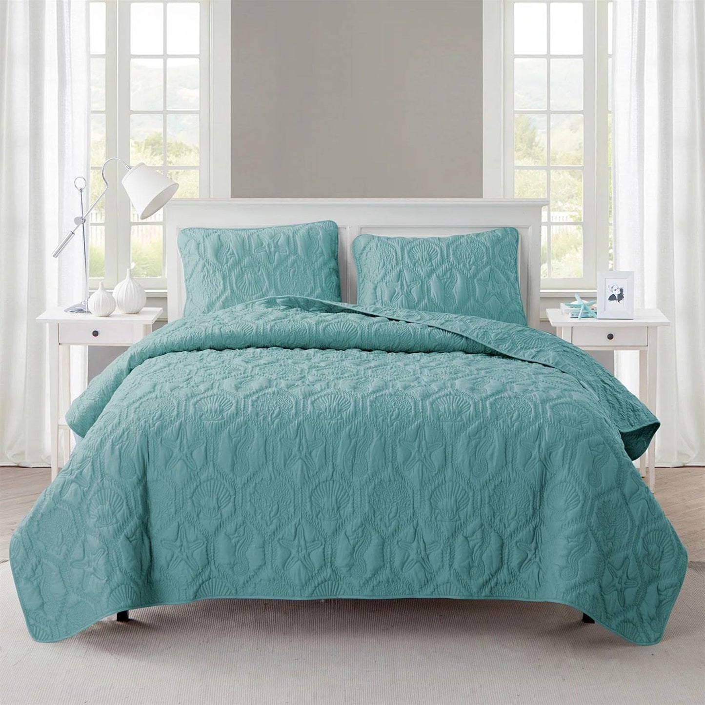 Queen Coastal Beach Starfish Seashell Seahorse Aqua Blue Teal 3-Piece Quilt Set LuxuryLifeWay Online Store