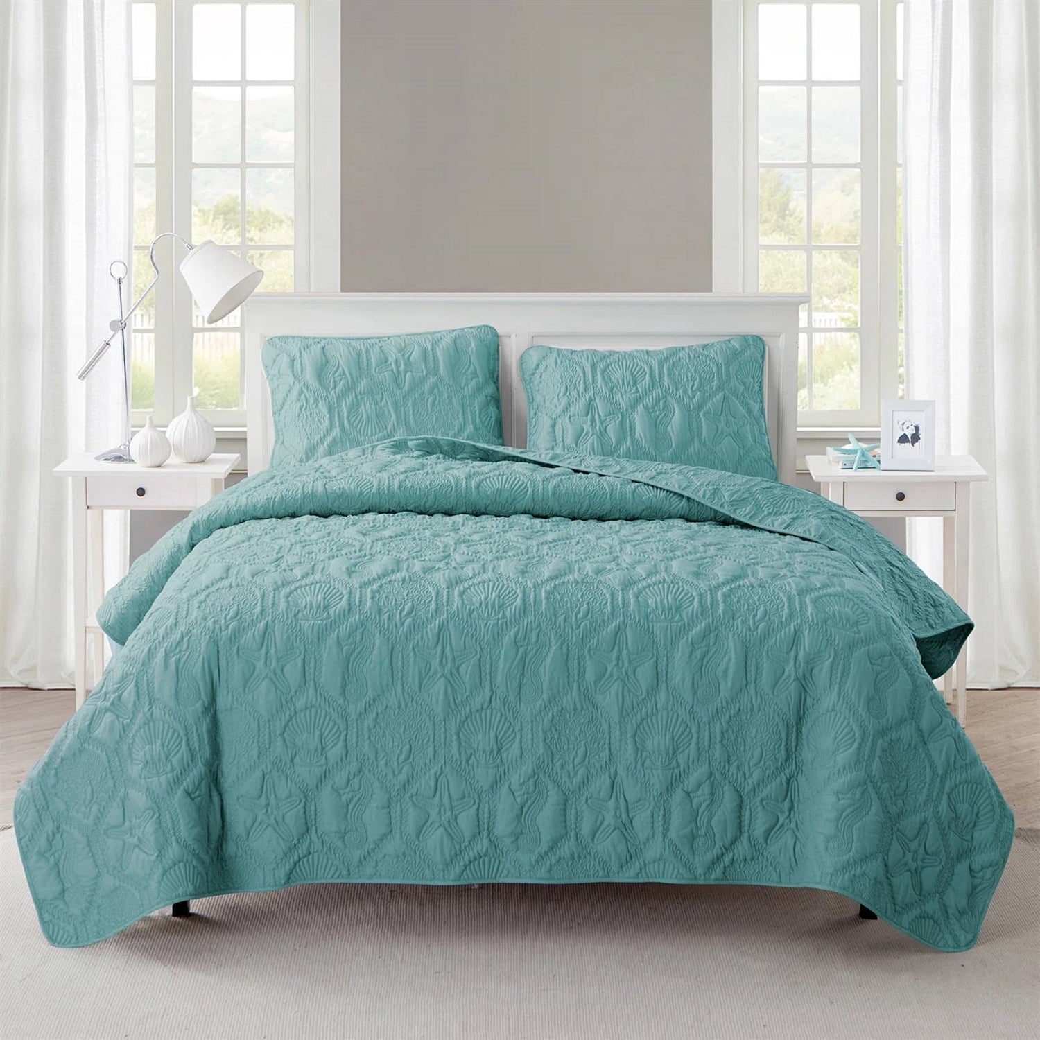 Queen Coastal Beach Starfish Seashell Seahorse Aqua Blue Teal 3-Piece Quilt Set LuxuryLifeWay Online Store