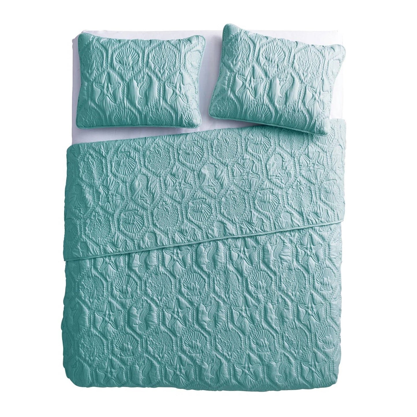 Queen Coastal Beach Starfish Seashell Seahorse Aqua Blue Teal 3-Piece Quilt Set LuxuryLifeWay Online Store