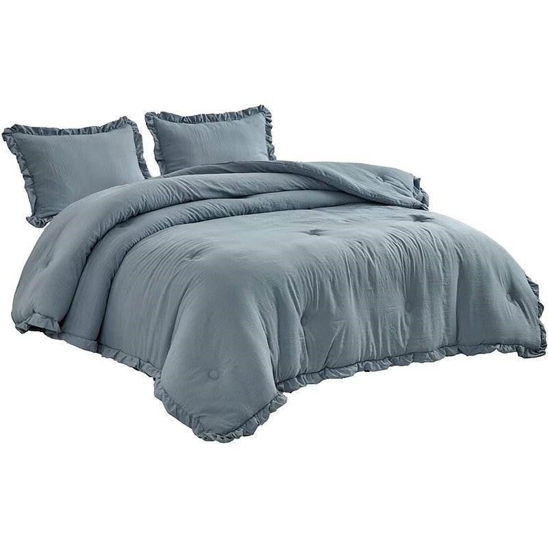 Queen Oversized Blue Ruffled Edge Microfiber Comforter Set LuxuryLifeWay Online Store