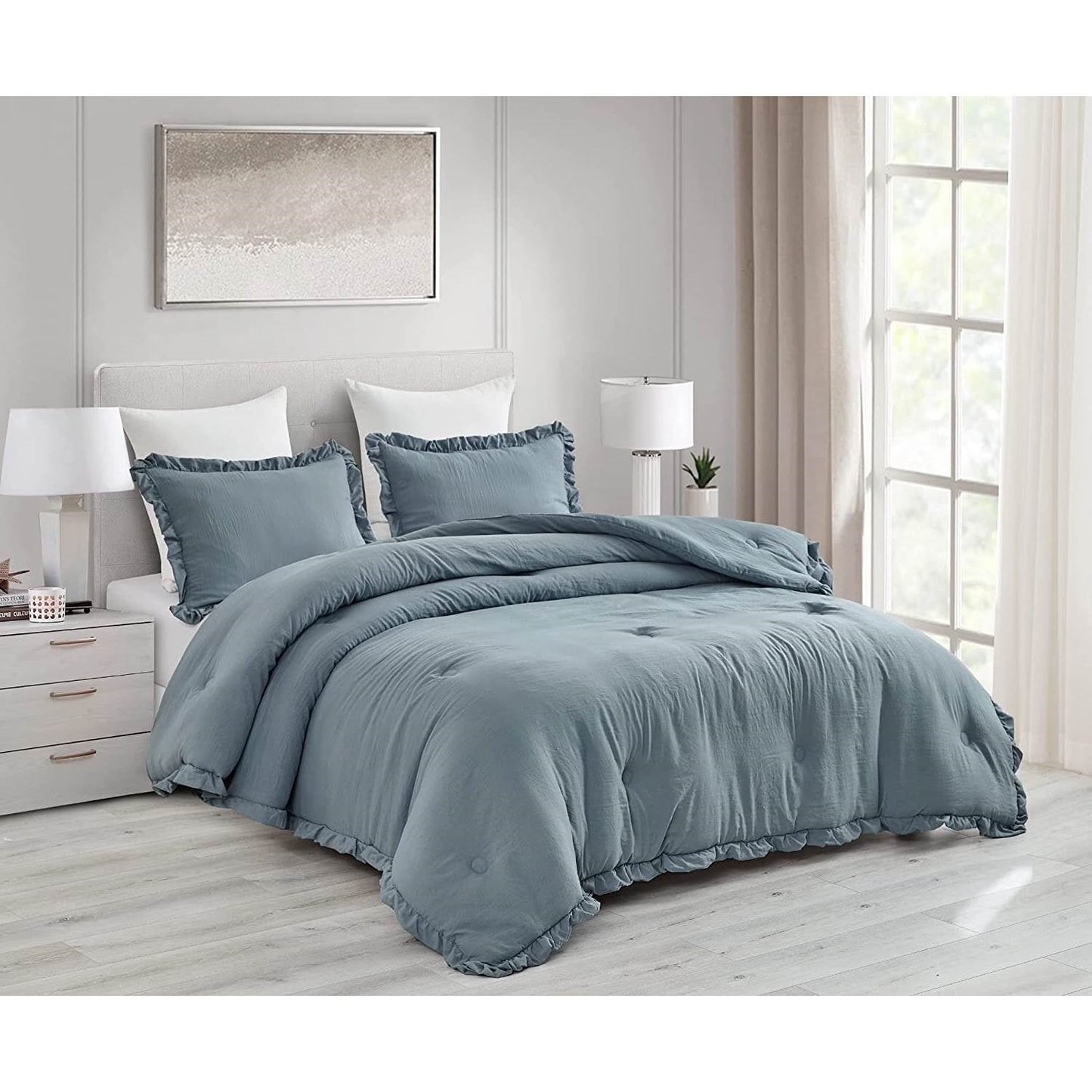 Queen Oversized Blue Ruffled Edge Microfiber Comforter Set LuxuryLifeWay Online Store