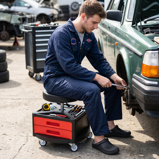 Rolling Mechanic Stool with Cushioned Seat & Dual Tool Trays 330 LBS-Red LuxuryLifeWay Online Store