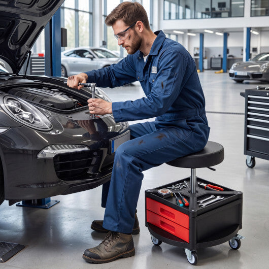 Rolling Mechanic Stool with Cushioned Seat & Dual Tool Trays 330 LBS-Red LuxuryLifeWay Online Store