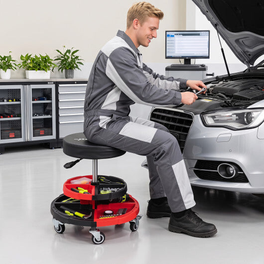 Rolling Mechanic Stool with Cushioned Seat and 5 Wheels 330 LBS-Red LuxuryLifeWay Online Store