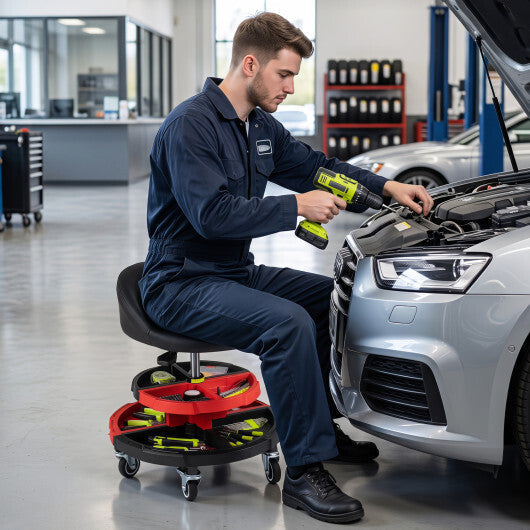 360? Rolling Mechanic Stool with 2 Tool Storage Trays-Red LuxuryLifeWay Online Store