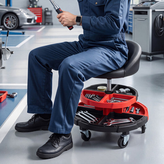 360? Rolling Mechanic Stool with 2 Tool Storage Trays-Red LuxuryLifeWay Online Store