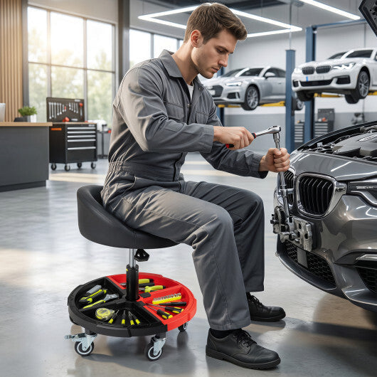 360? Rolling Mechanic Stool with 1 Tool Storage Tray-Red LuxuryLifeWay Online Store