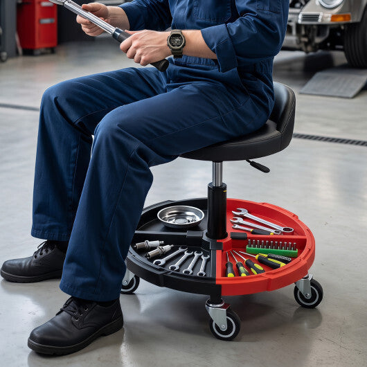 360? Rolling Mechanic Stool with 1 Tool Storage Tray-Red LuxuryLifeWay Online Store