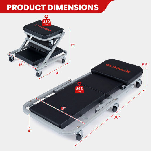 36" 2-in-1 Mechanic Creeper and Z-Seat with 6 Swivel Casters-Black LuxuryLifeWay Online Store