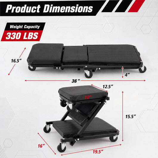 36" 3-in-1 Folding Mechanic Creeper Under Car Roller Creeper-Black LuxuryLifeWay Online Store