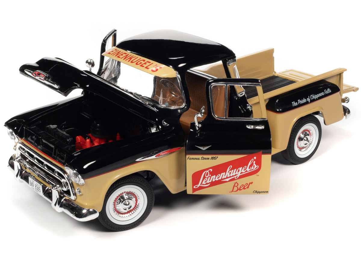 1957 Chevrolet 3100 Stepside Pickup Truck Black and Tan with Graphics "Leinenkugle's Beer The Pride of Chippewa Falls" 1/18 Diecast Model by Auto World LuxuryLifeWay Online Store