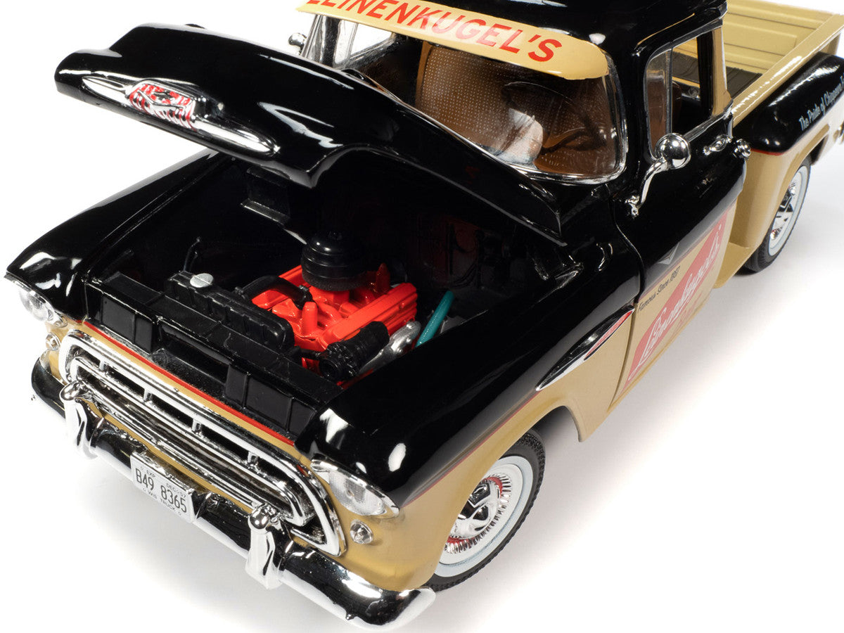 1957 Chevrolet 3100 Stepside Pickup Truck Black and Tan with Graphics "Leinenkugle's Beer The Pride of Chippewa Falls" 1/18 Diecast Model by Auto World LuxuryLifeWay Online Store