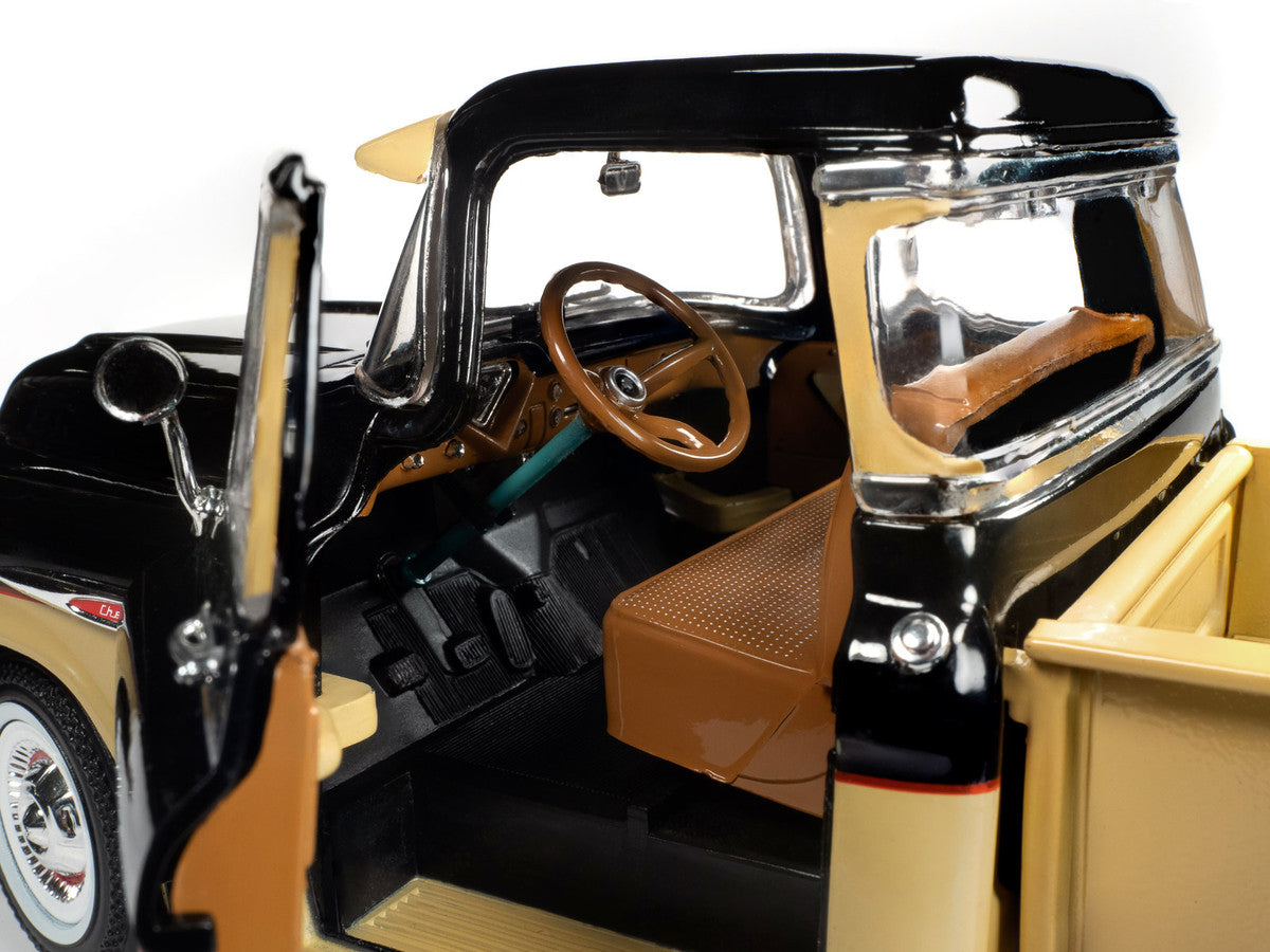 1957 Chevrolet 3100 Stepside Pickup Truck Black and Tan with Graphics "Leinenkugle's Beer The Pride of Chippewa Falls" 1/18 Diecast Model by Auto World LuxuryLifeWay Online Store