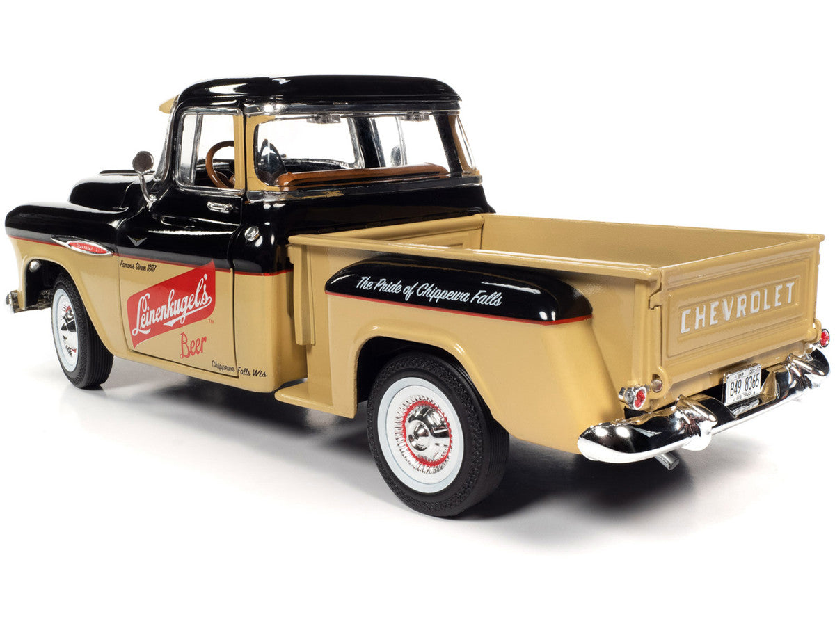 1957 Chevrolet 3100 Stepside Pickup Truck Black and Tan with Graphics "Leinenkugle's Beer The Pride of Chippewa Falls" 1/18 Diecast Model by Auto World LuxuryLifeWay Online Store