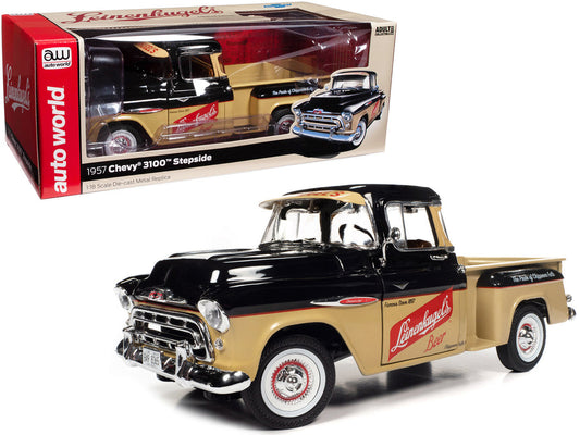 1957 Chevrolet 3100 Stepside Pickup Truck Black and Tan with Graphics "Leinenkugle's Beer The Pride of Chippewa Falls" 1/18 Diecast Model by Auto World LuxuryLifeWay Online Store