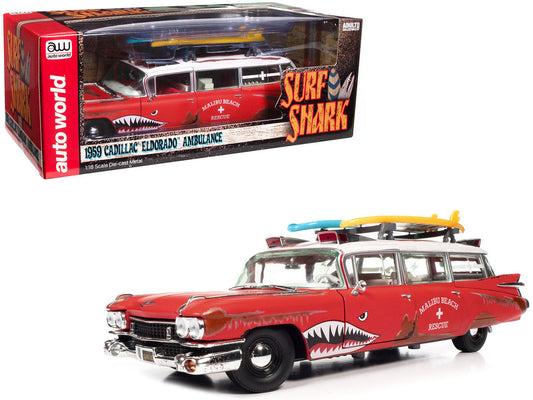 1959 Cadillac Eldorado Ambulance Red with White Top "Malibu Beach Rescue" (Weathered) with Surfboards on Roof "Surf Shark" 1/18 Diecast Model Car by Auto World LuxuryLifeWay Online Store
