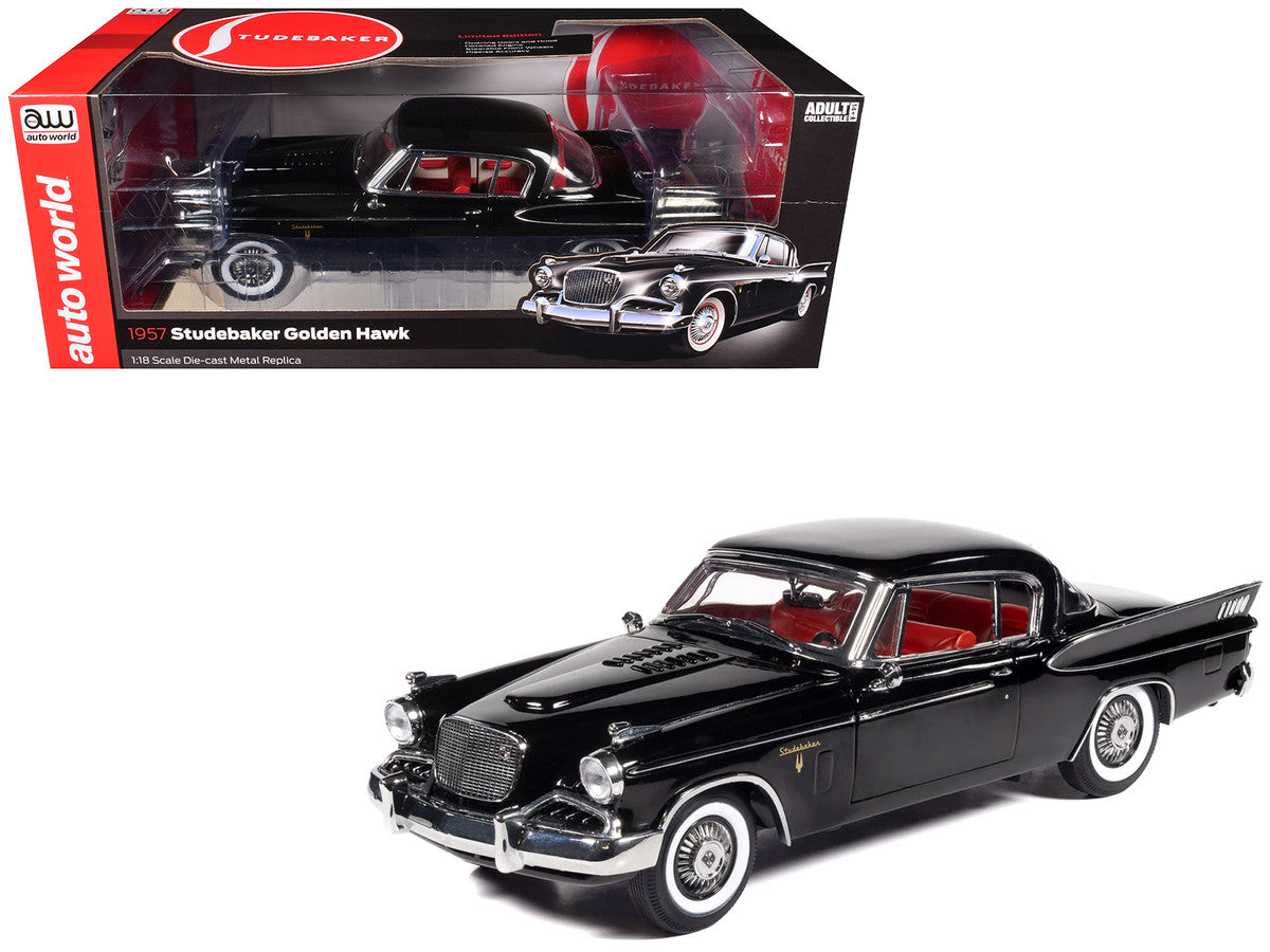 1957 Studebaker Golden Hawk Midnight Black with Red Interior 1/18 Diecast Model by Auto World LuxuryLifeWay Online Store