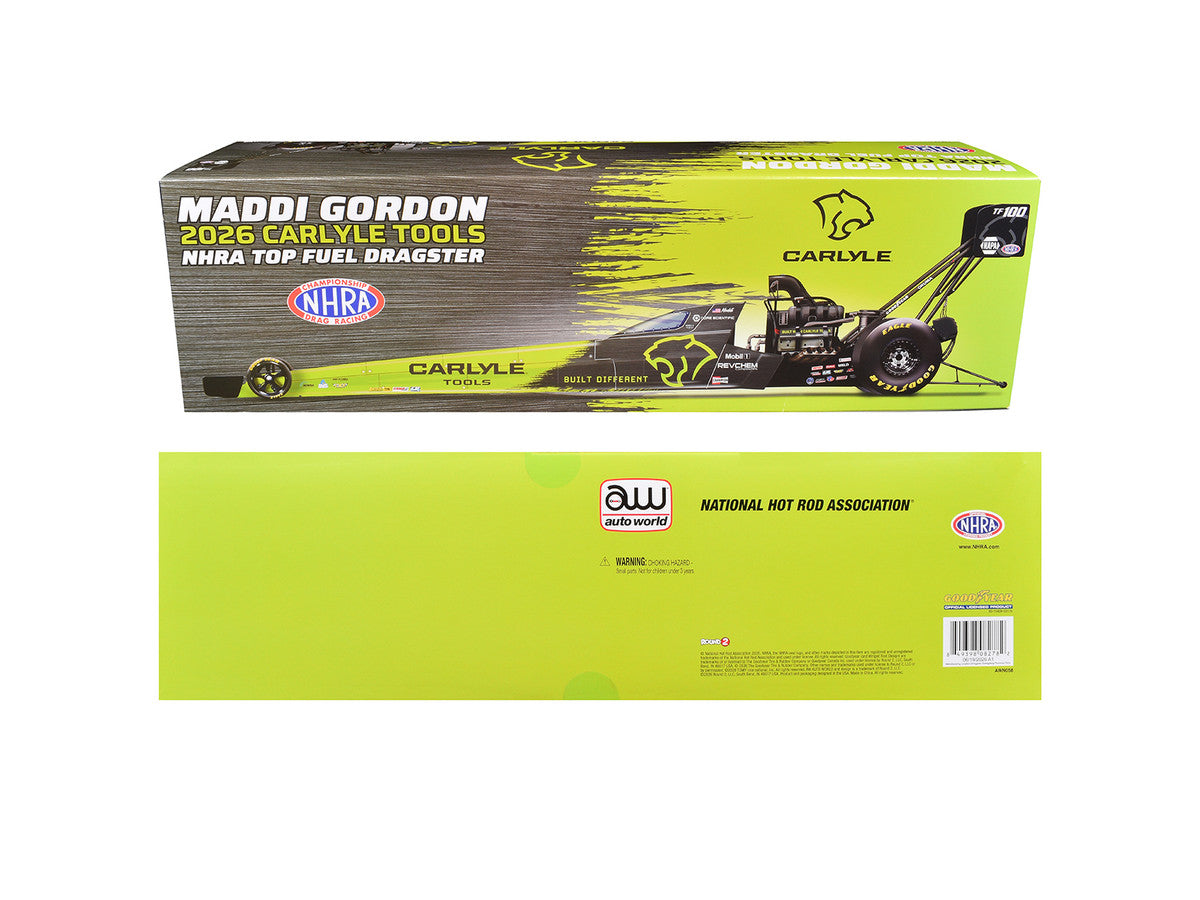 NHRA TFD (Top Fuel Dragster) #TF100 Maddi Gordon "Carlyle Tools" Green and Black (2026) 1/24 Diecast Model Car Auto World LuxuryLifeWay Online Store