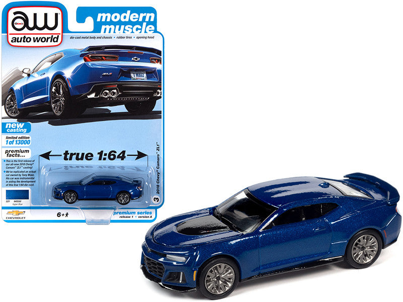 2018 Chevrolet Camaro ZL1 Hyper Blue Metallic "Modern Muscle" Limited Edition to 13000 pieces Worldwide 1/64 Diecast Model Car by Auto World LuxuryLifeWay Online Store
