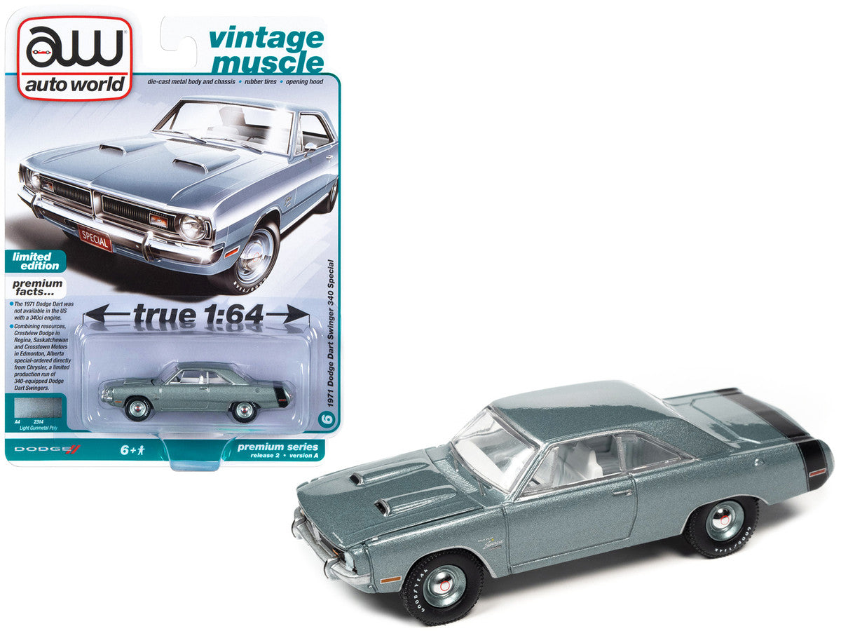 1971 Dodge Dart Swinger 340 Special Light Gunmetal Gray Metallic with Black Tail Stripe "Vintage Muscle" Limited Edition 1/64 Diecast Model Car by Auto World LuxuryLifeWay Online Store