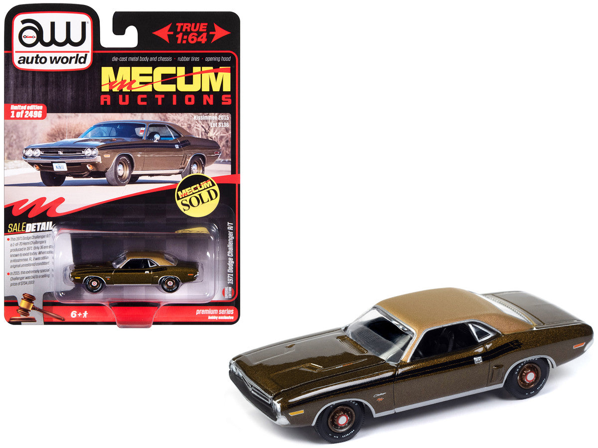 1971 Dodge Challenger R/T Dark Gold Metallic with Gold Vinyl Roof "Mecum Auctions" Limited Edition to 2496 pieces Worldwide "Premium" Series 1/64 Diecast Model Car by Auto World LuxuryLifeWay Online Store
