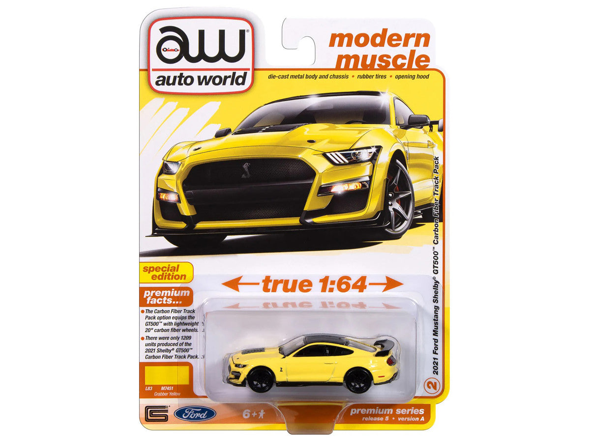 2021 Ford Mustang Shelby GT500 Carbon Fiber Track Pack Grabber Yellow with Black Top "Modern Muscle" Series 1/64 Diecast Model Car by Auto World LuxuryLifeWay Online Store