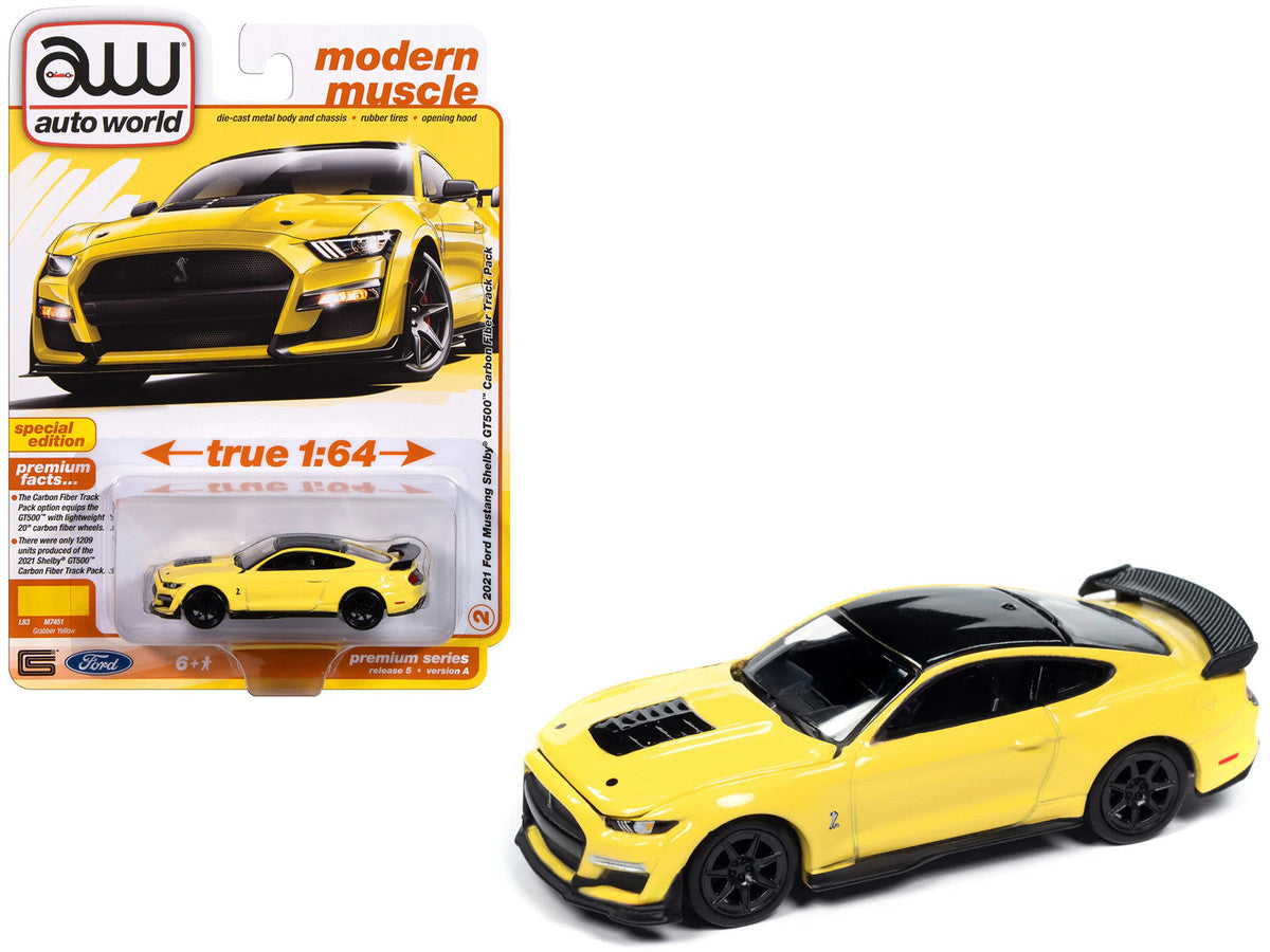 2021 Ford Mustang Shelby GT500 Carbon Fiber Track Pack Grabber Yellow with Black Top "Modern Muscle" Series 1/64 Diecast Model Car by Auto World LuxuryLifeWay Online Store
