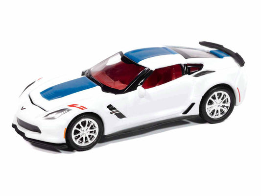 2018 Chevrolet Corvette Grand Sport Arctic White with Blue Stripe and Red Interior "Sports Cars" Series 1/64 Diecast Model Car by Auto World LuxuryLifeWay Online Store